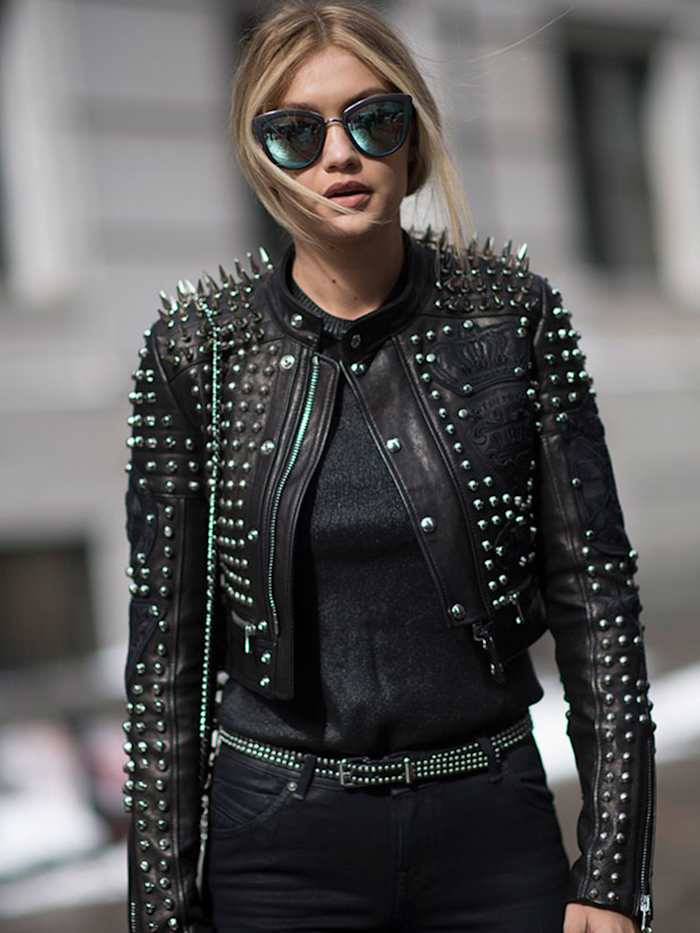 Gigi Hadid walks into the Diesel Black Gold show at NYFW